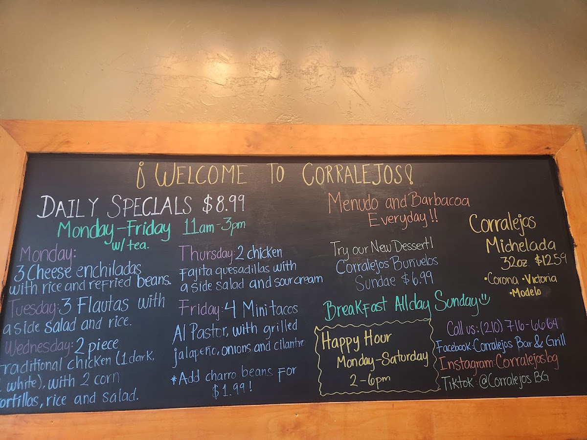 Corralejos Bar & Grill menu board