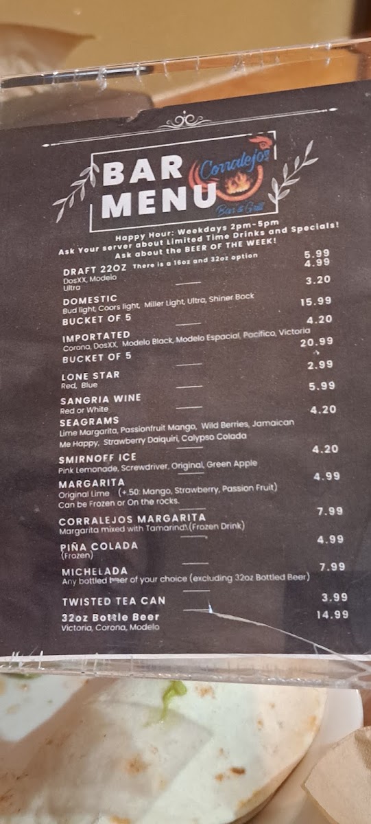 Corralejos Bar & Grill menu board