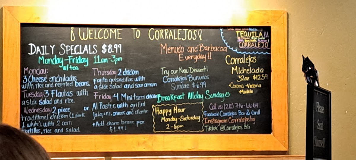 Corralejos Bar & Grill menu board