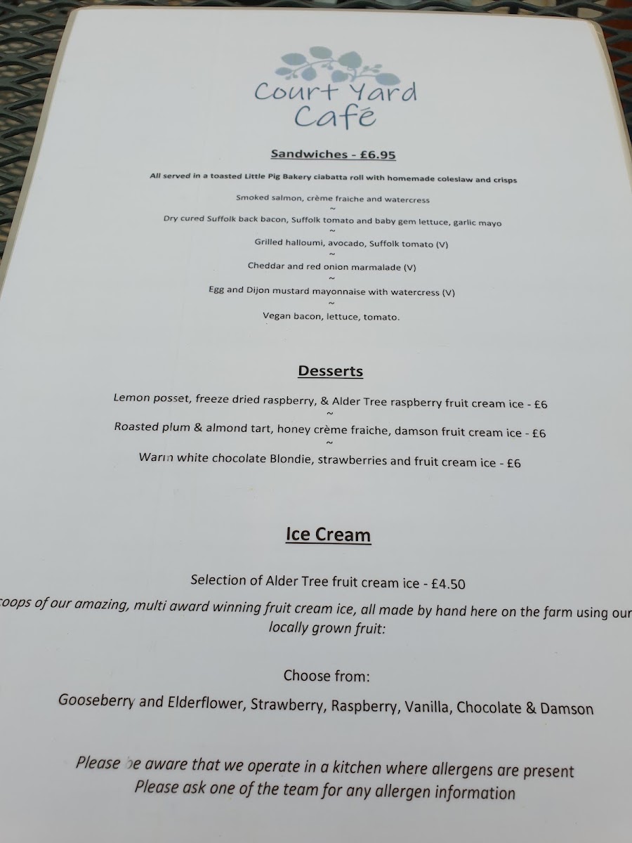 Courtyard Cafe - Alder Carr Farm menu board