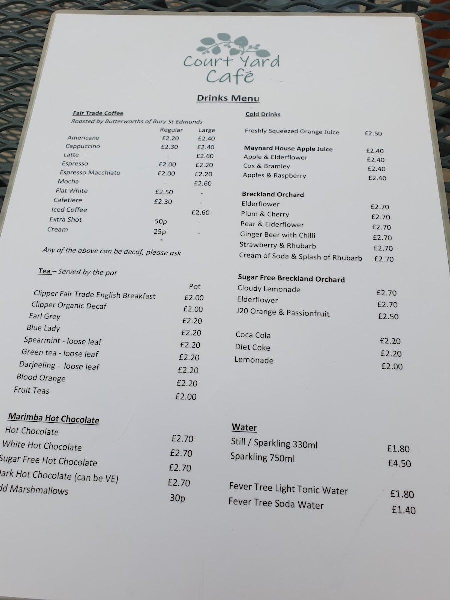 Courtyard Cafe - Alder Carr Farm menu board