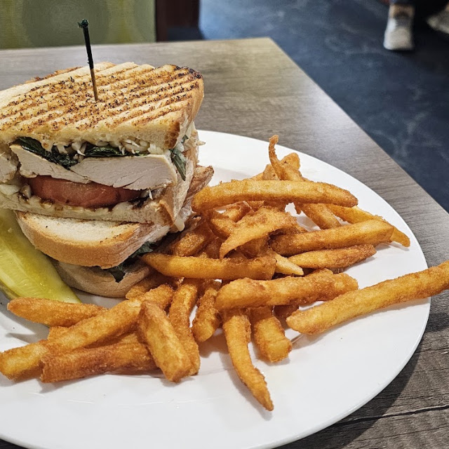 Chicken Caprese Panini and Fries