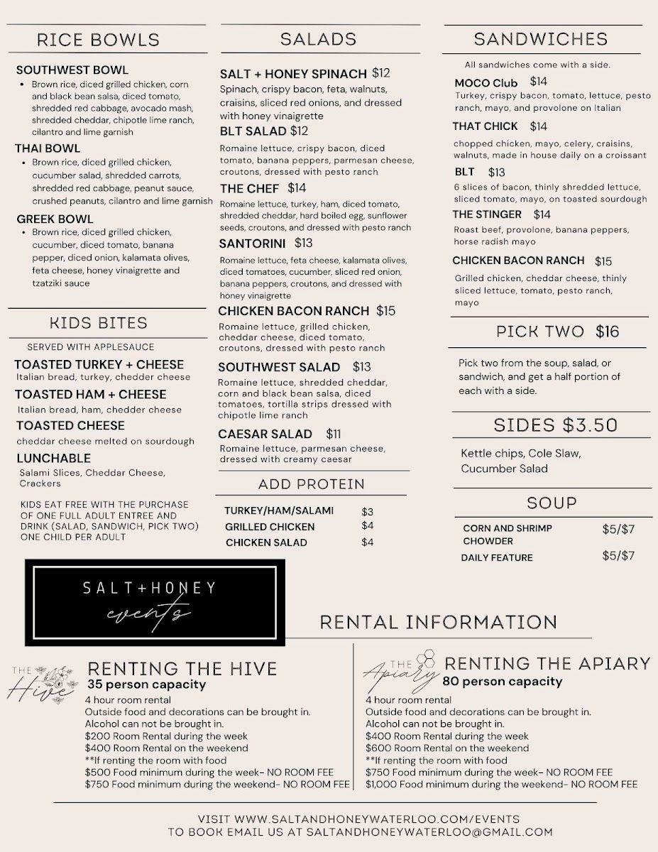 Salt and Honey Bistro menu board