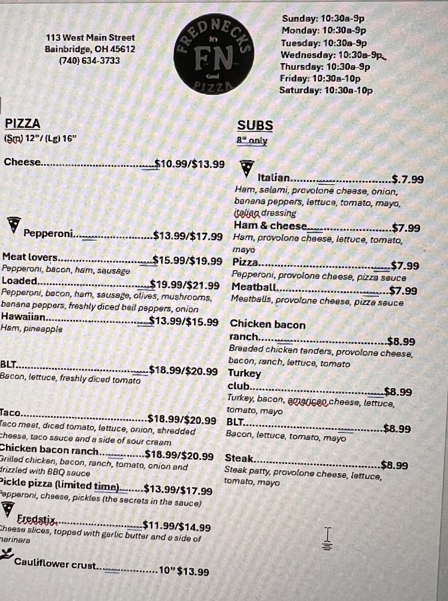 FredNecks Pizza menu board