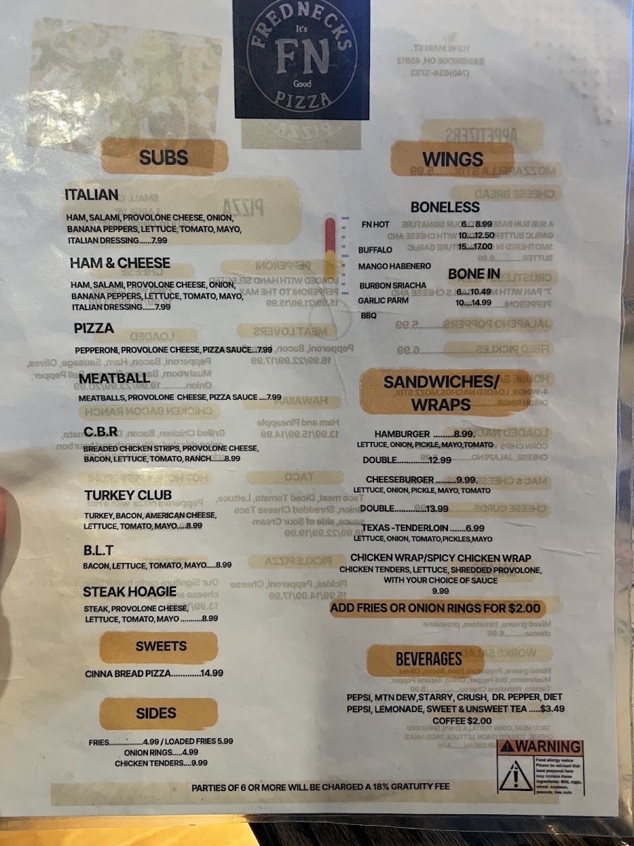 FredNecks Pizza menu board