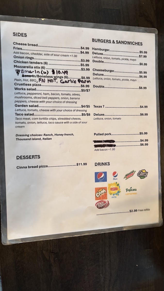 FredNecks Pizza menu board