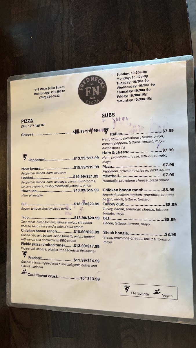 FredNecks Pizza menu board