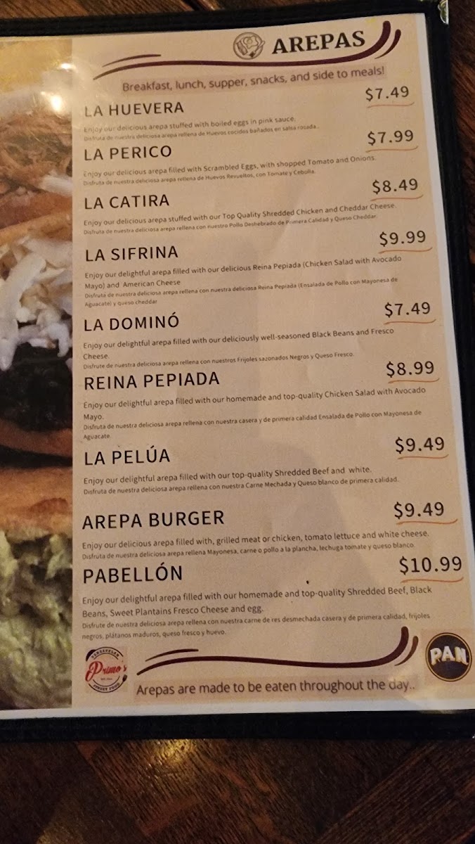 Primo's Venezuelan Street Food menu board