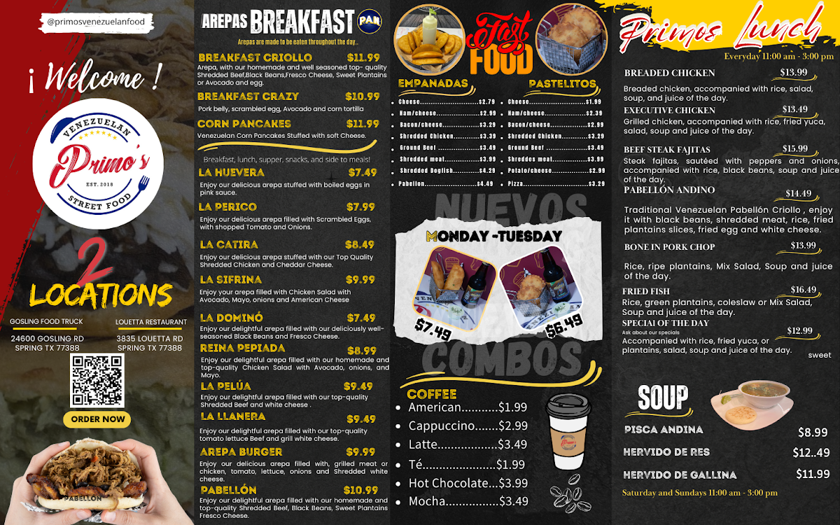 Primo's Venezuelan Street Food menu board