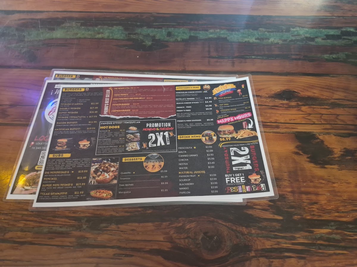 Primo's Venezuelan Street Food menu board