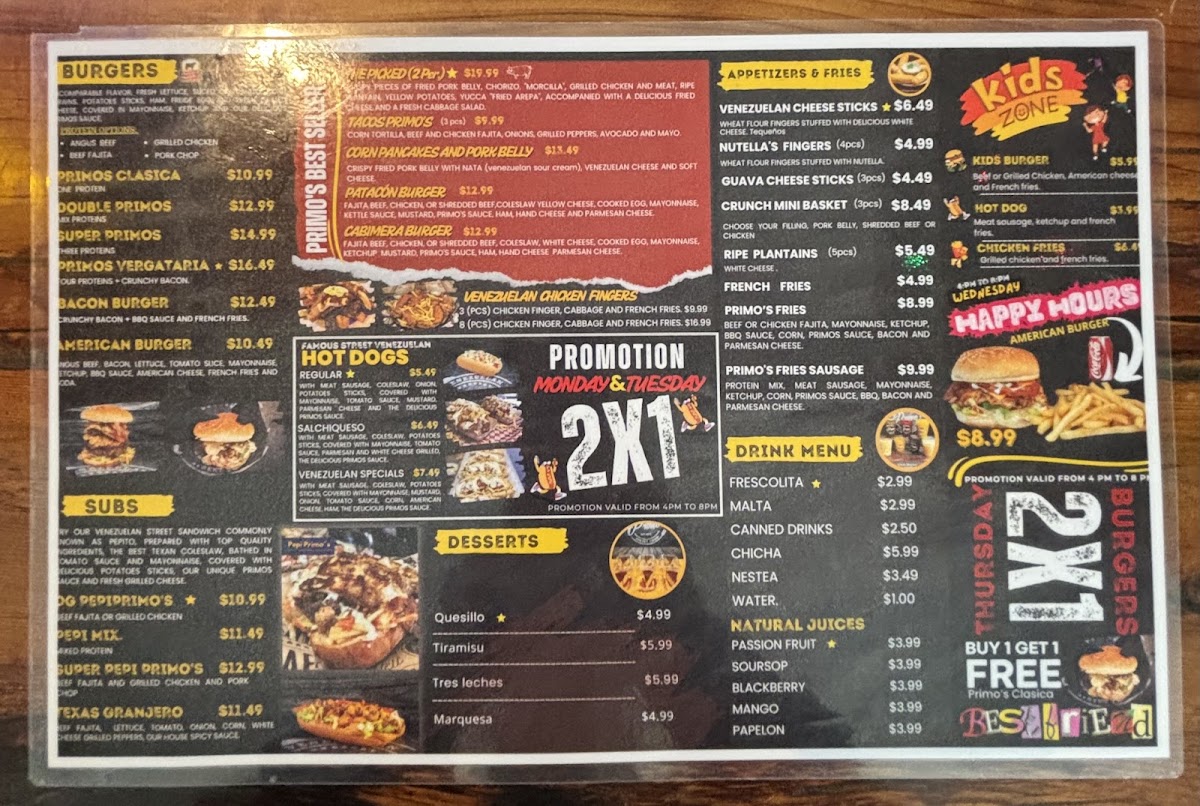 Primo's Venezuelan Street Food menu board