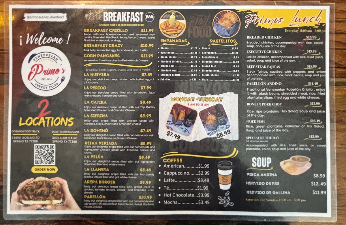 Primo's Venezuelan Street Food menu board