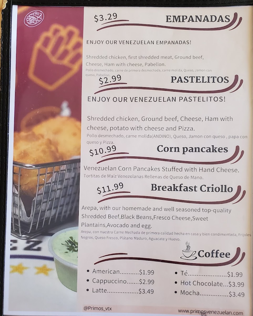 Primo's Venezuelan Street Food menu board