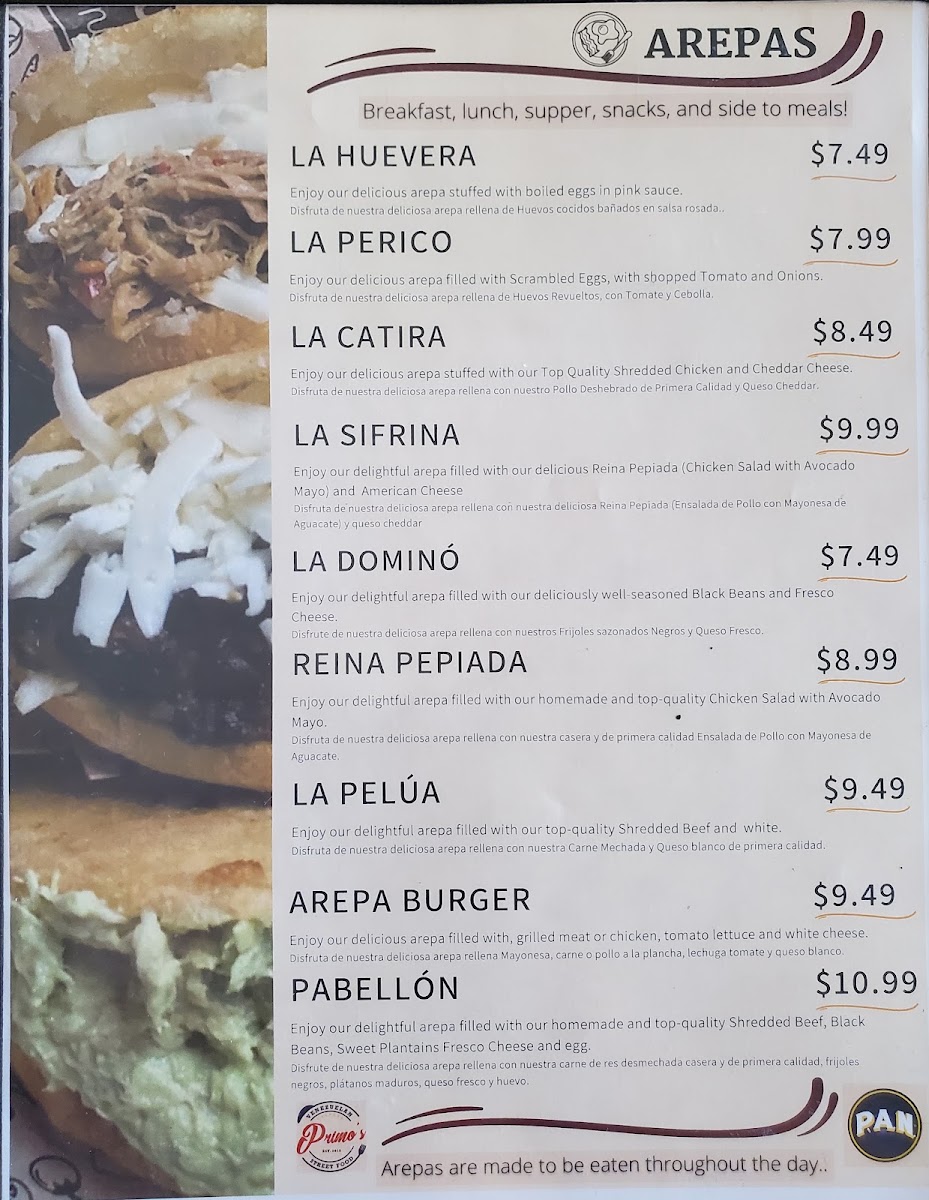 Primo's Venezuelan Street Food menu board