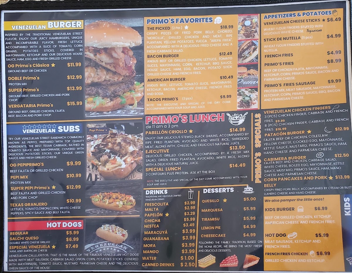 Primo's Venezuelan Street Food menu board