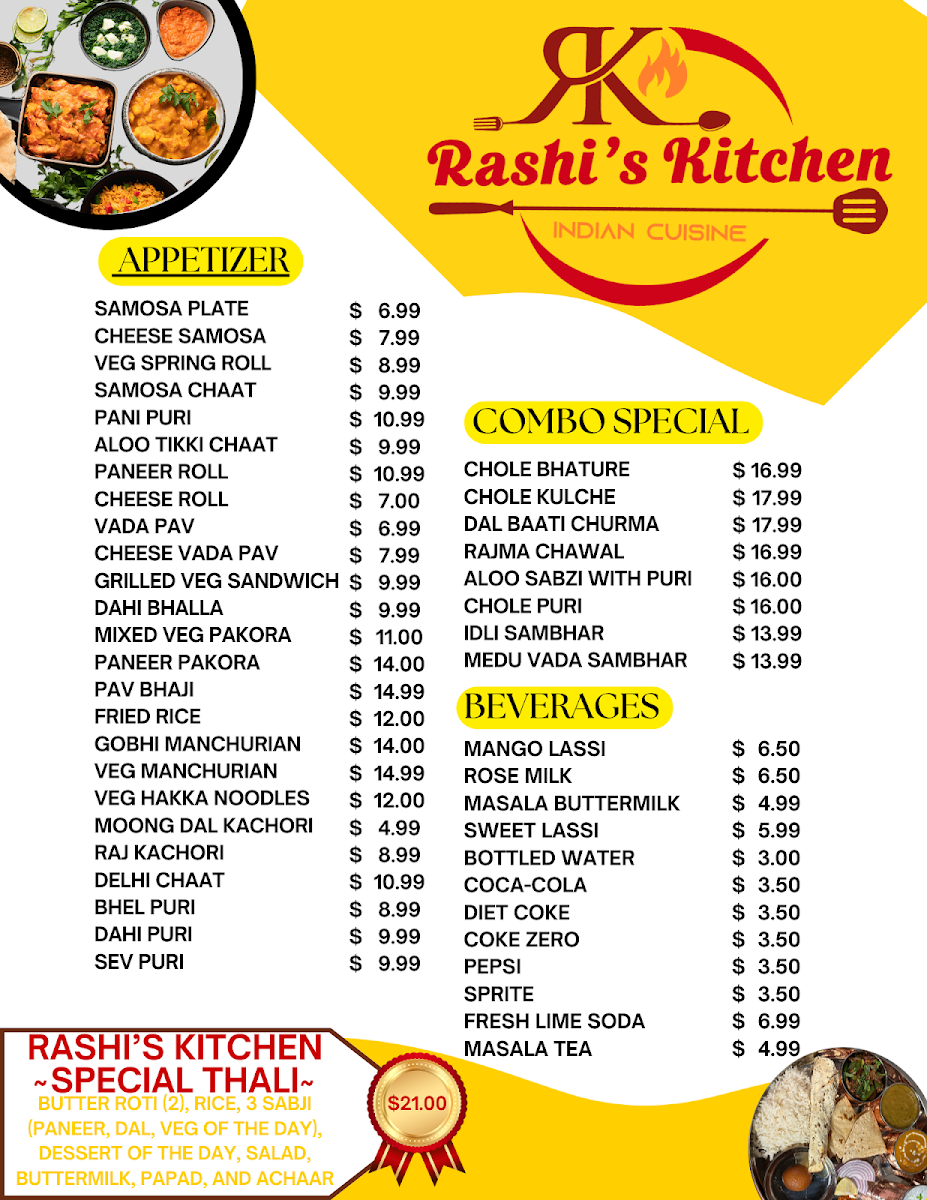 Rashi’s Kitchen Indian Cuisine menu board