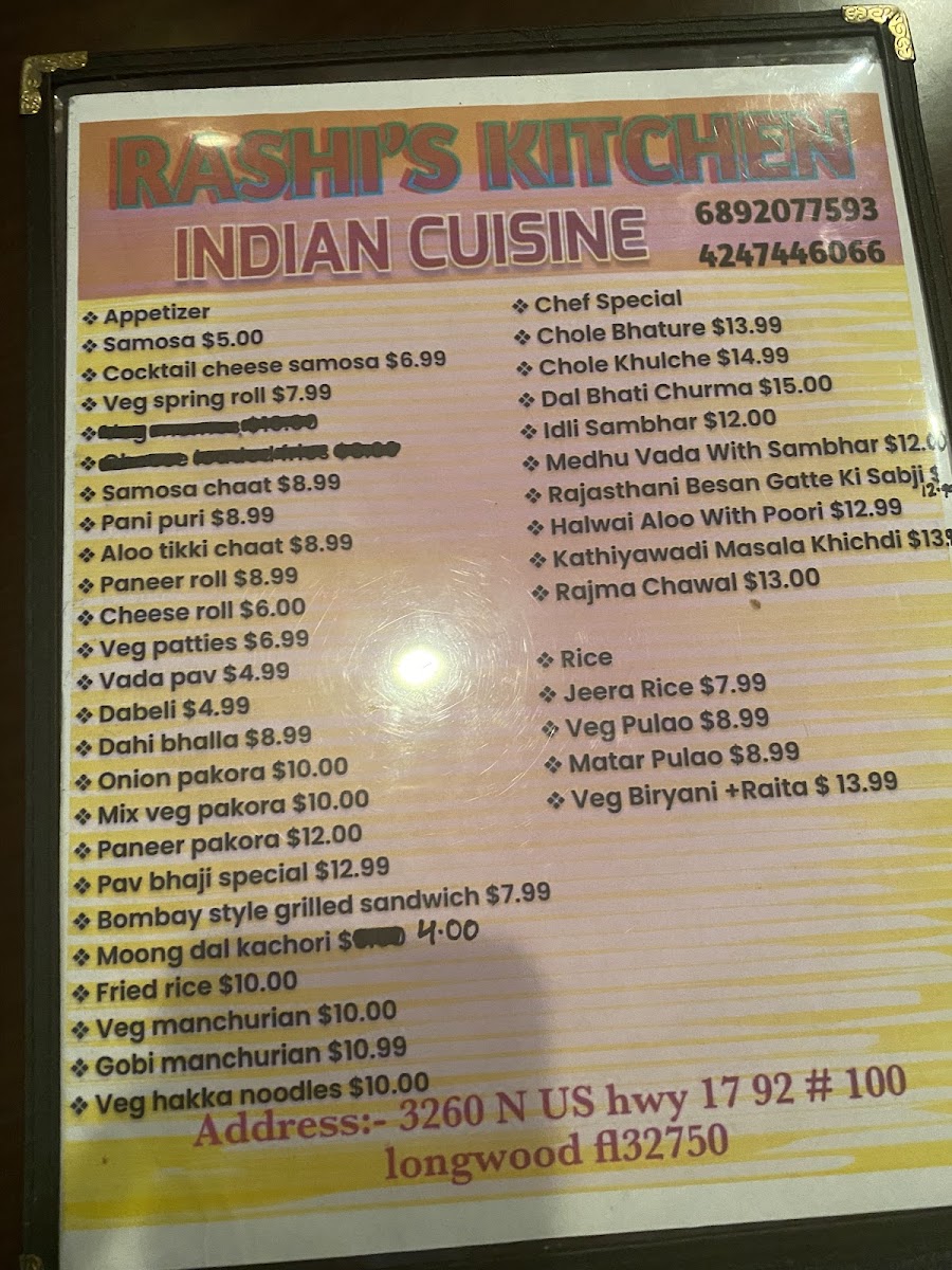 Rashi’s Kitchen Indian Cuisine menu board