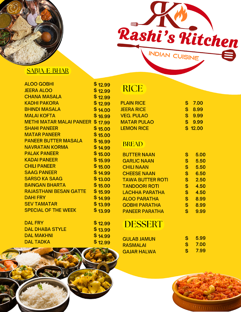 Rashi’s Kitchen Indian Cuisine menu board