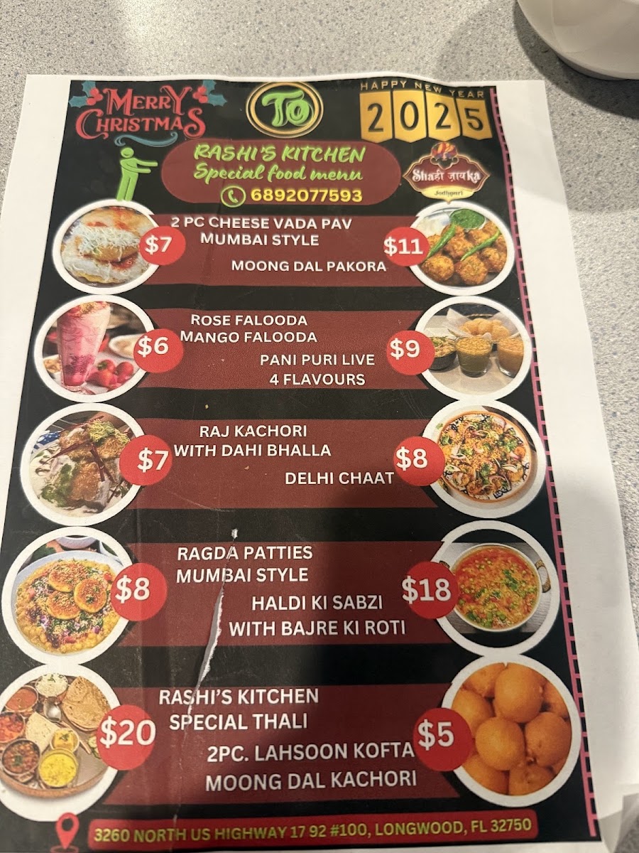 Rashi’s Kitchen Indian Cuisine menu board