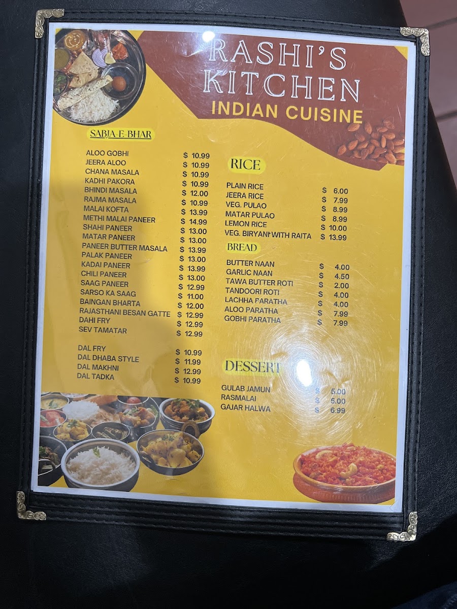 Rashi’s Kitchen Indian Cuisine menu board