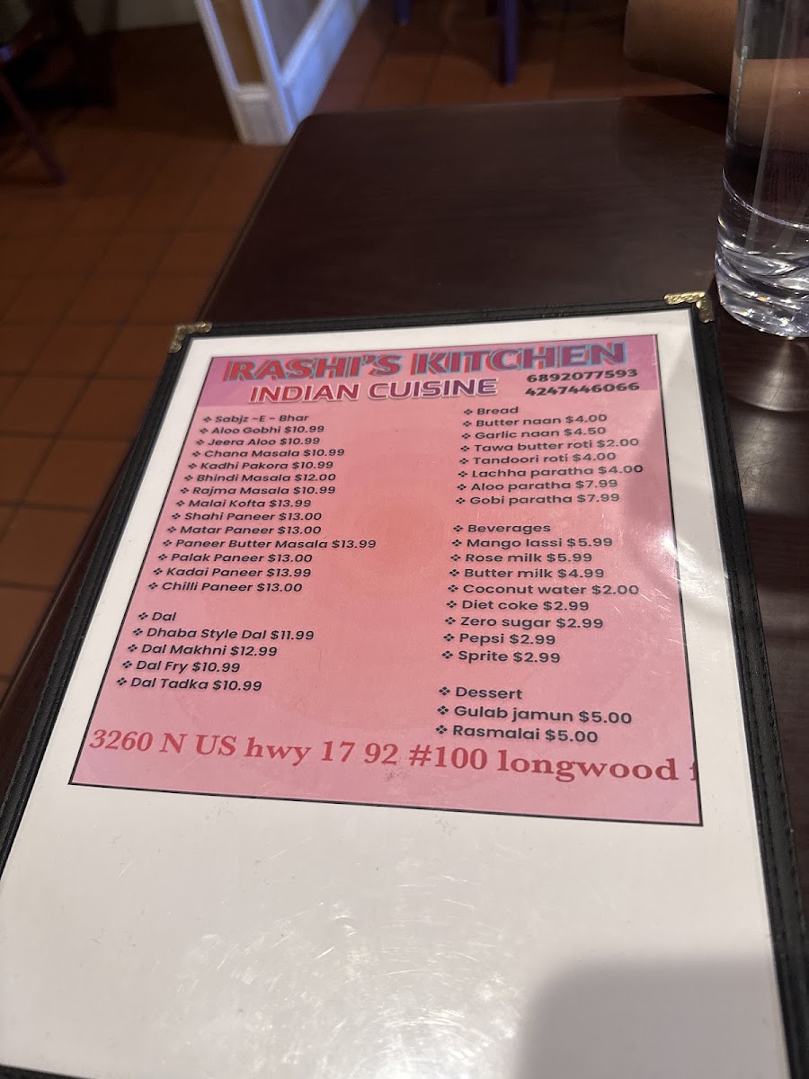 Rashi’s Kitchen Indian Cuisine menu board