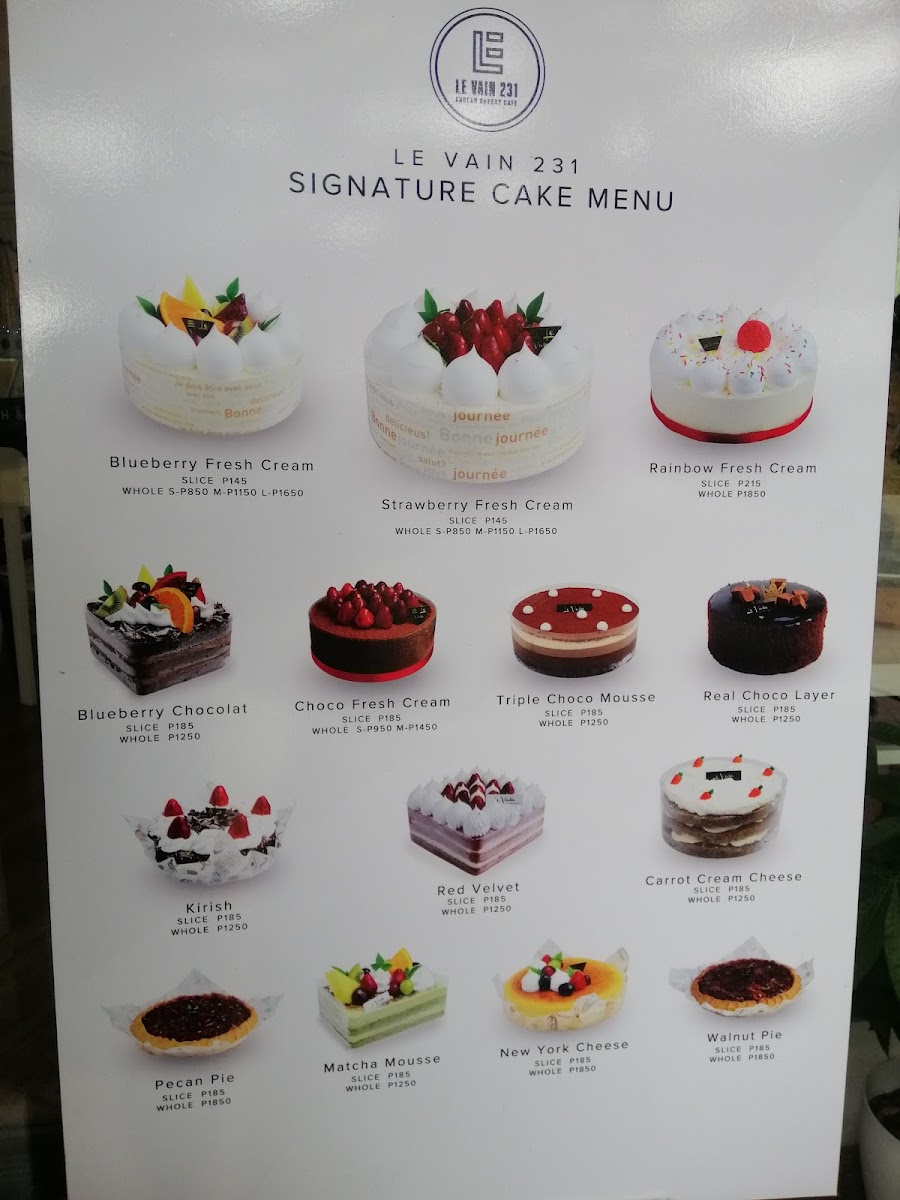 LE VAIN 231 Korean Bakery Cafe menu board
