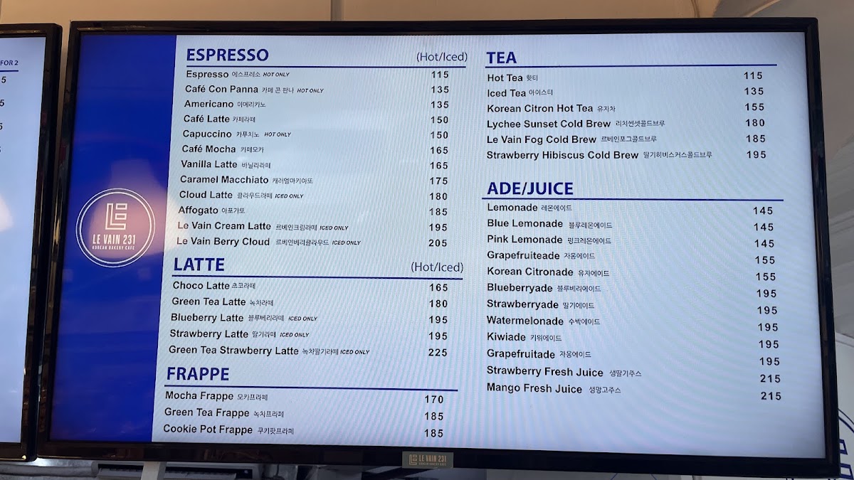 LE VAIN 231 Korean Bakery Cafe menu board