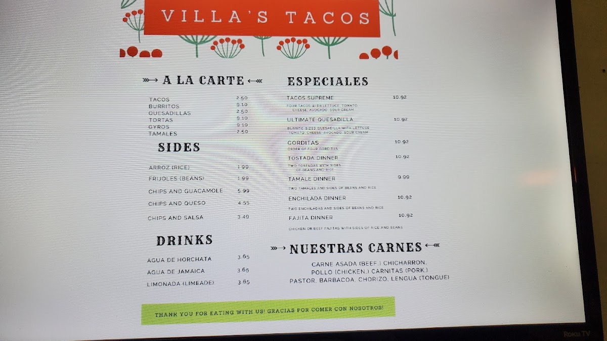 Villa’s Tacos menu board