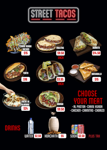 Street Tacos LV IV menu board