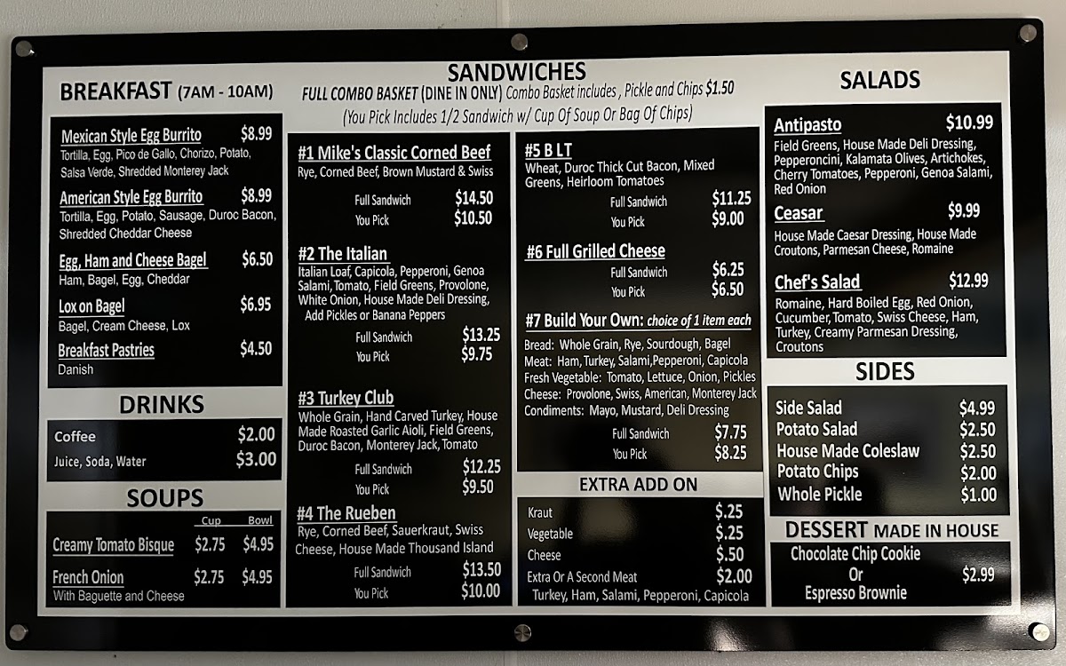 Mike's Deli on Main menu board