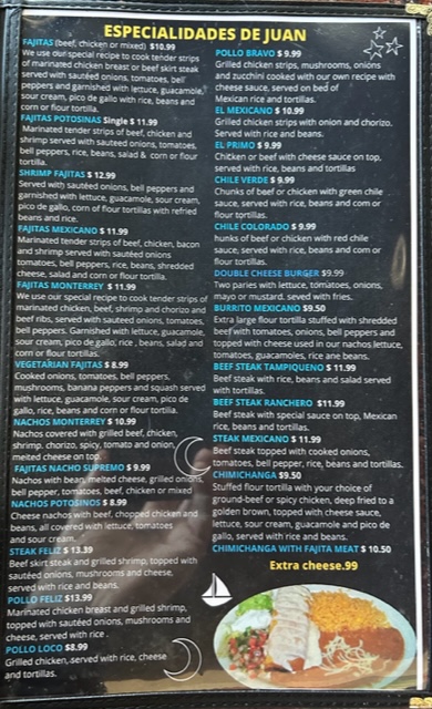 JCs Mexican Restaurant LLC menu board