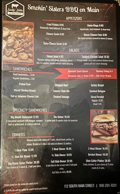 Smokin’ Sisters BBQ on Main menu board