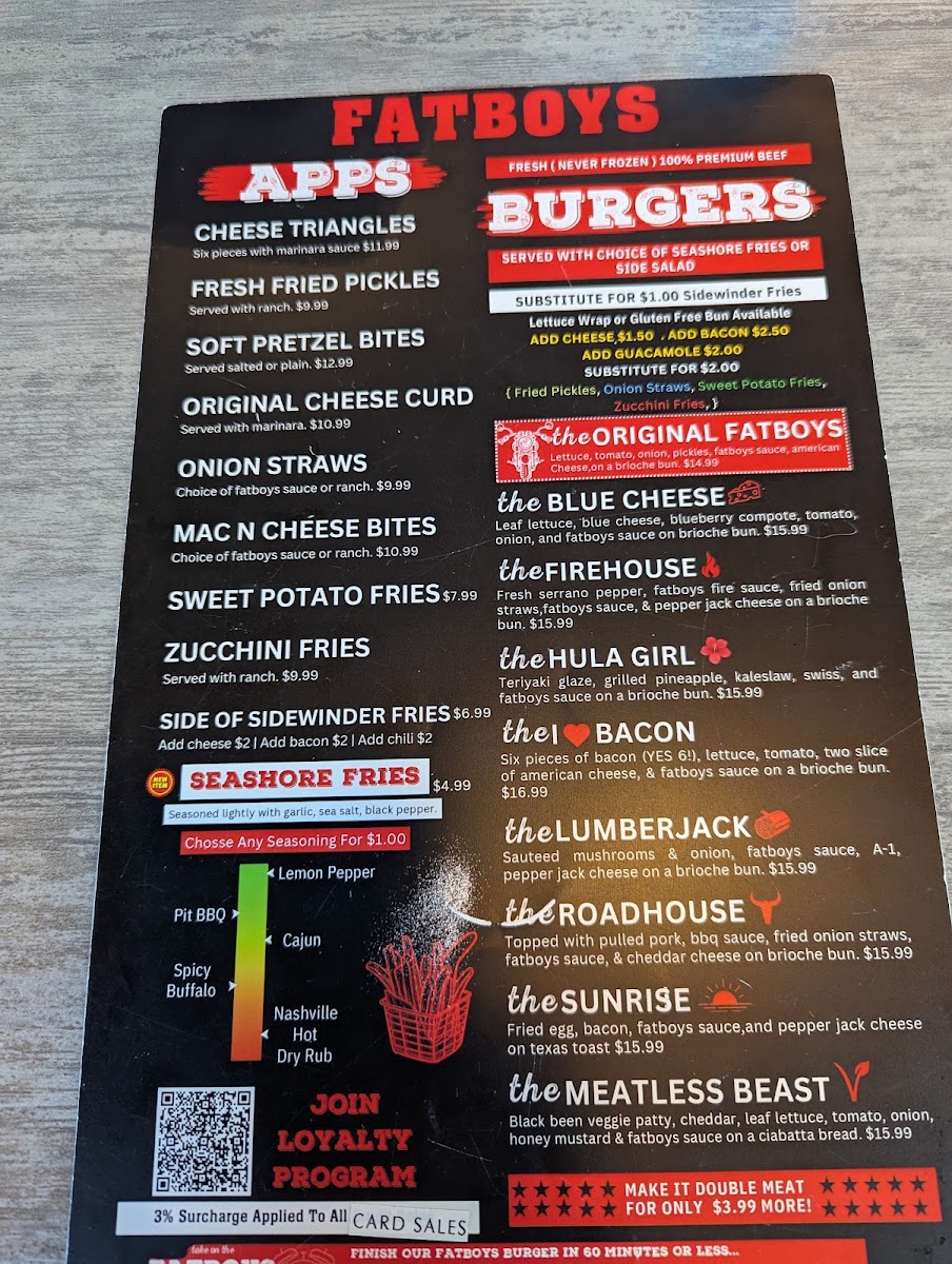 Fatboys - Panama City FL menu board