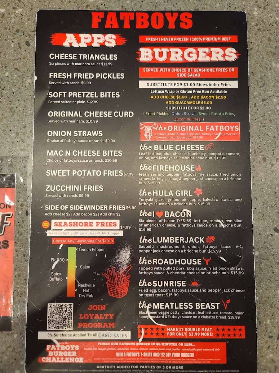 Fatboys - Panama City FL menu board