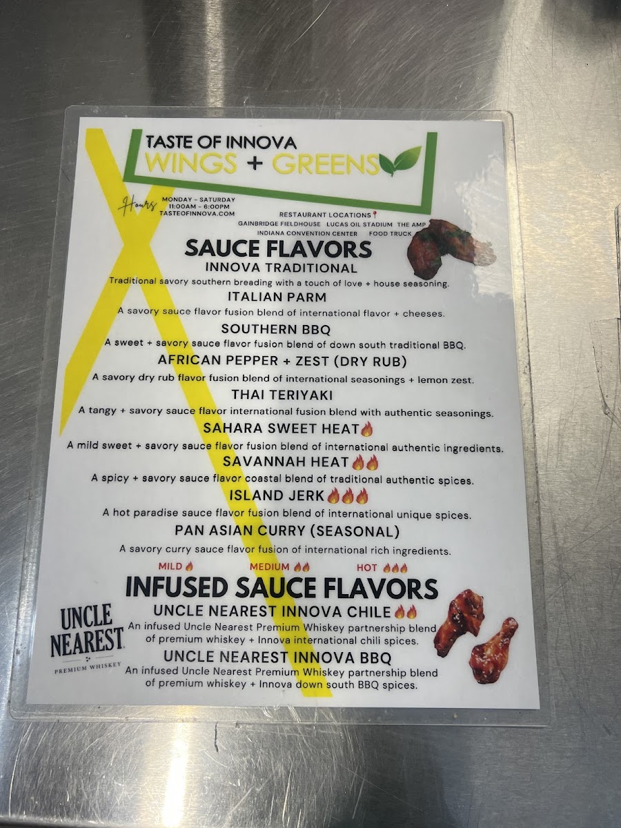 Taste of Innova Wings + Greens (The Amp) menu board