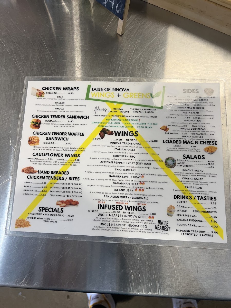 Taste of Innova Wings + Greens (The Amp) menu board