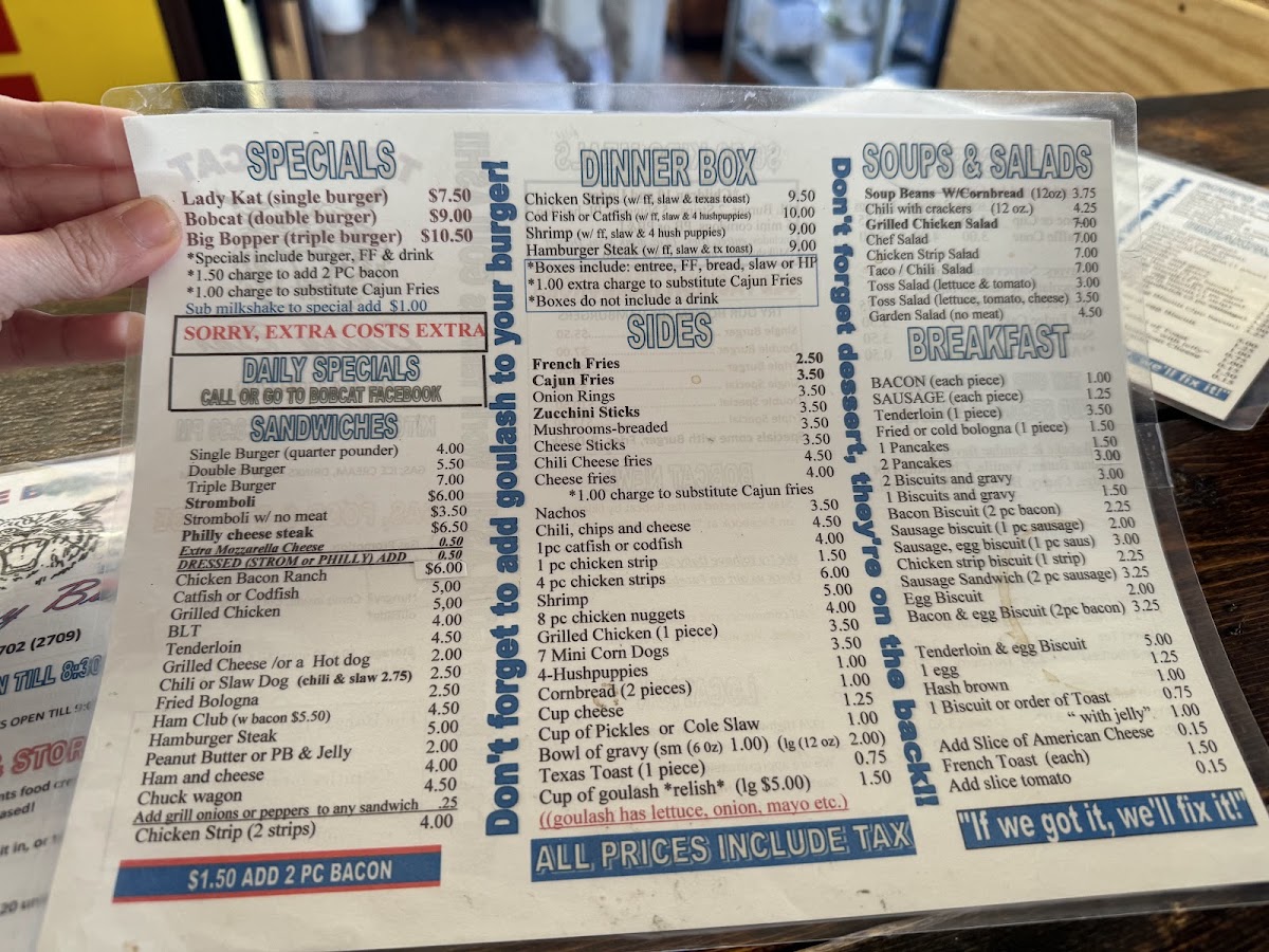 Bobcat Dairy Bar menu board
