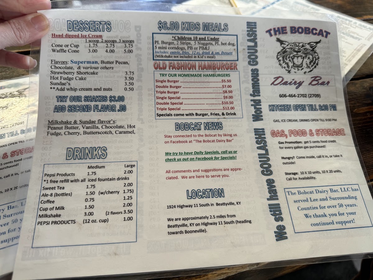 Bobcat Dairy Bar menu board