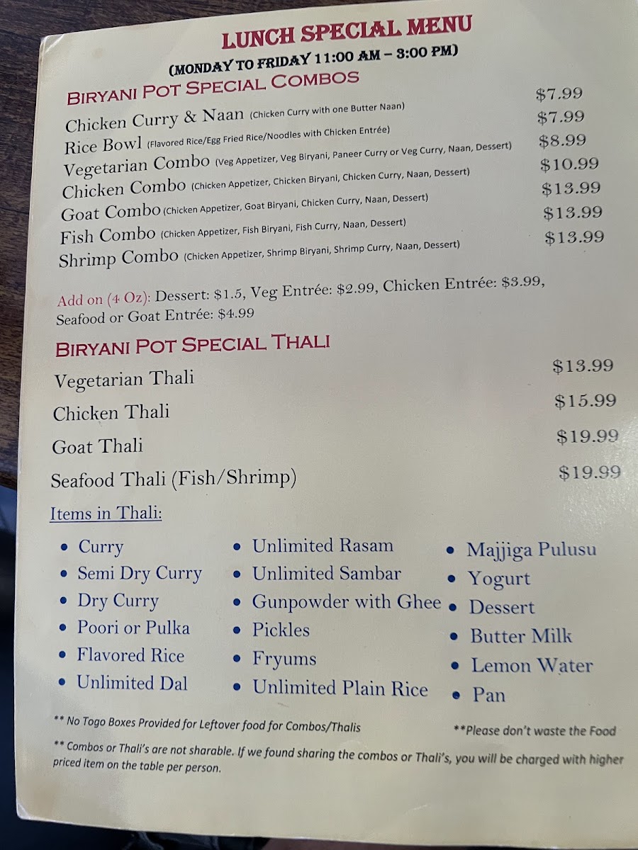 BiryaniPot menu board