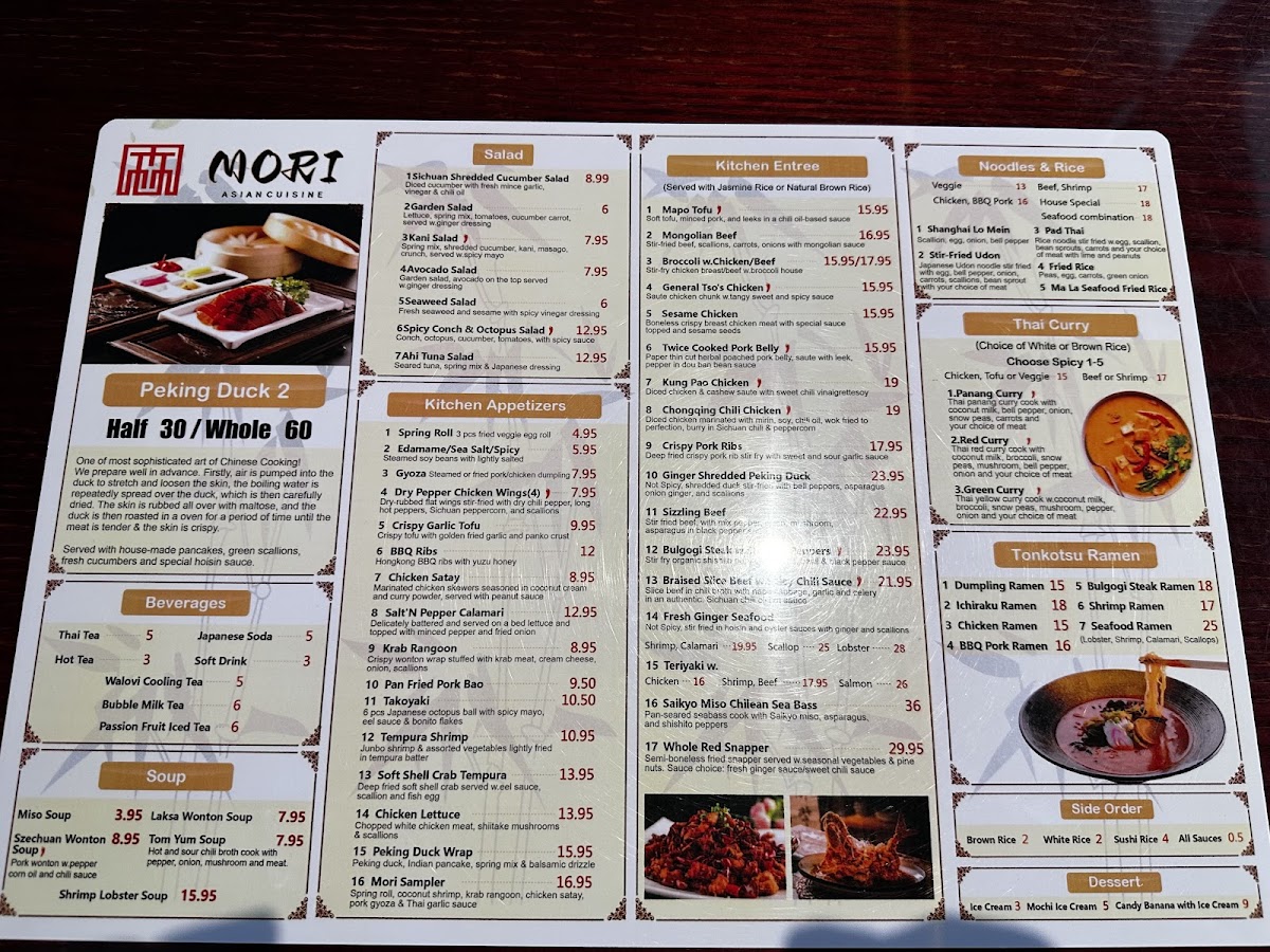 Mori Asian Cuisine menu board