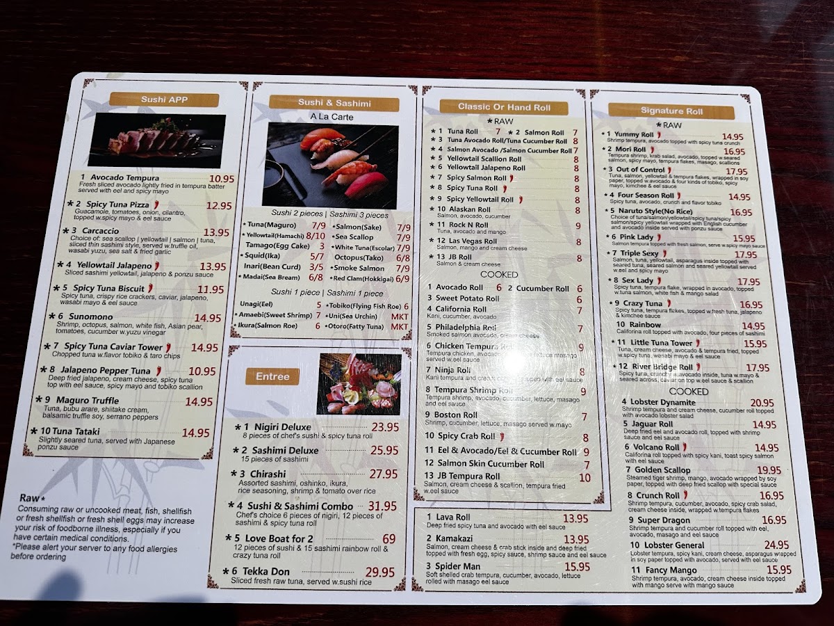 Mori Asian Cuisine menu board