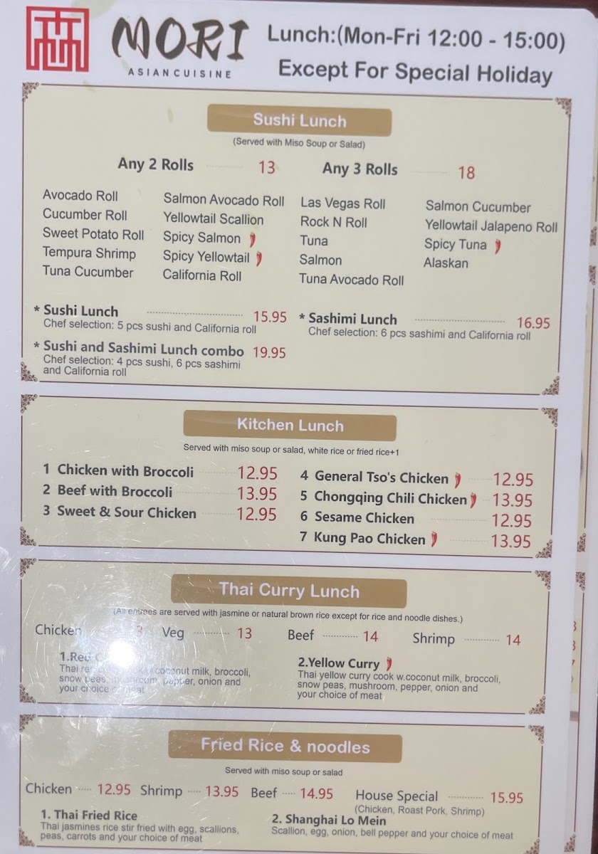Mori Asian Cuisine menu board