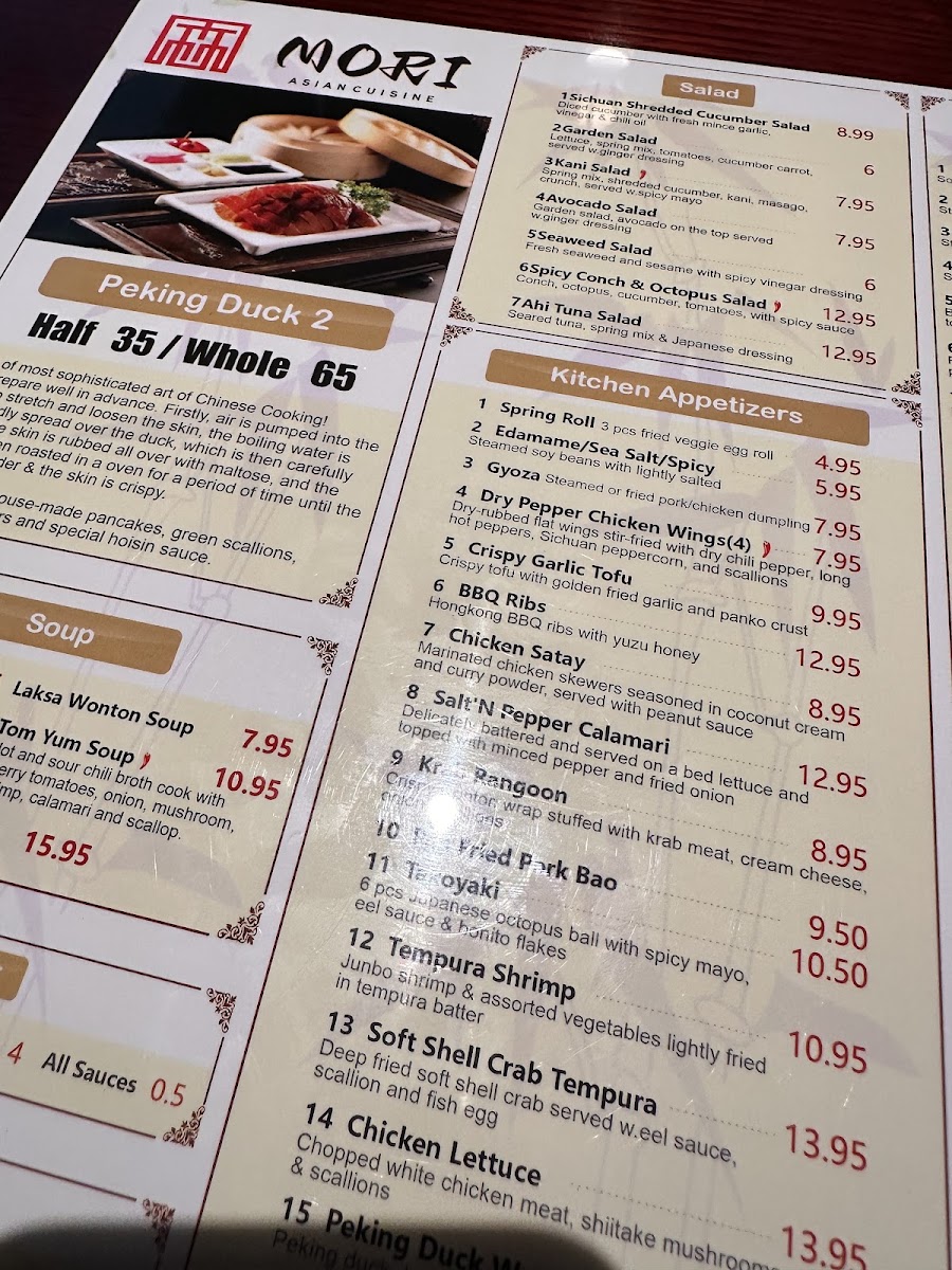 Mori Asian Cuisine menu board
