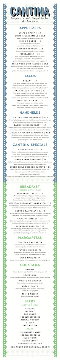 Cantina Taqueria menu board
