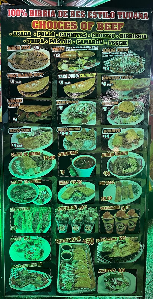 Birrieria Mi Tierra menu board