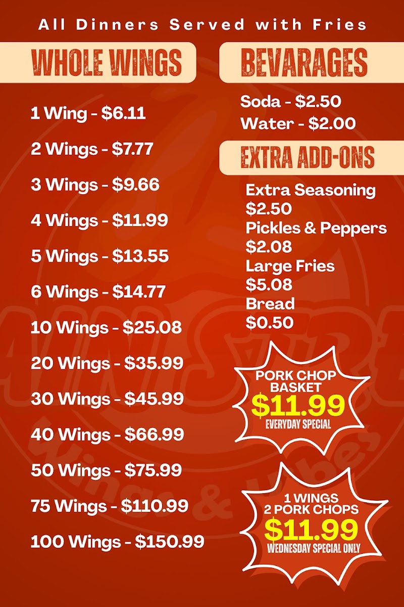 Main Street Wings & Vibes menu board