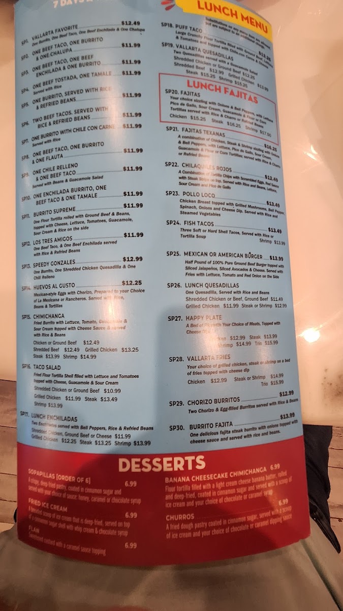 Vallarta Mexican Restaurant menu board