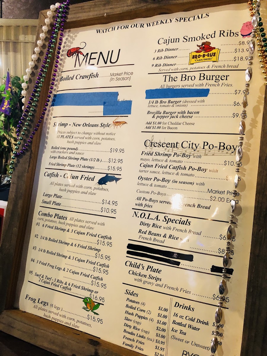 Bro's Patio Cajun Delights menu board