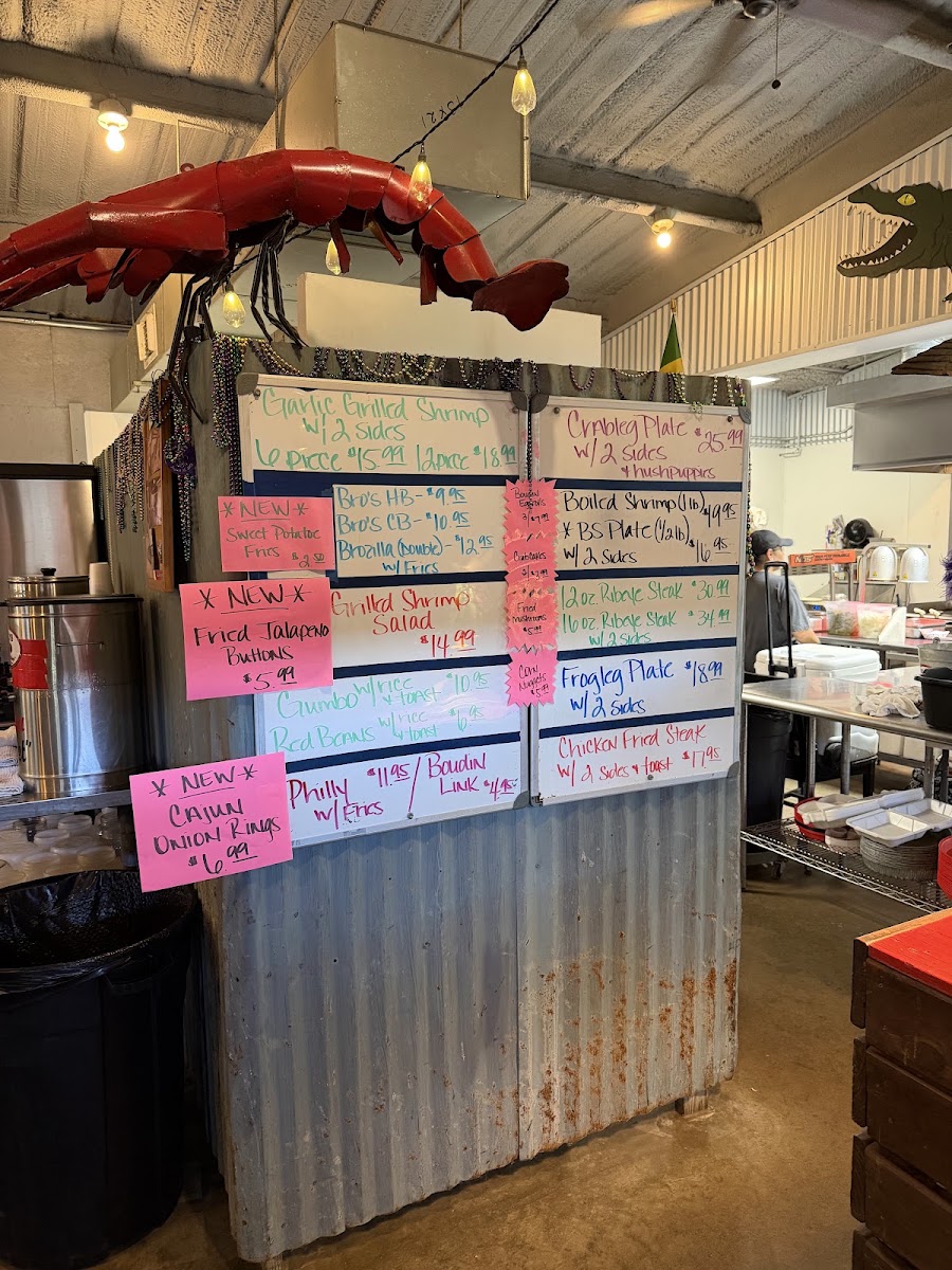 Bro's Patio Cajun Delights menu board