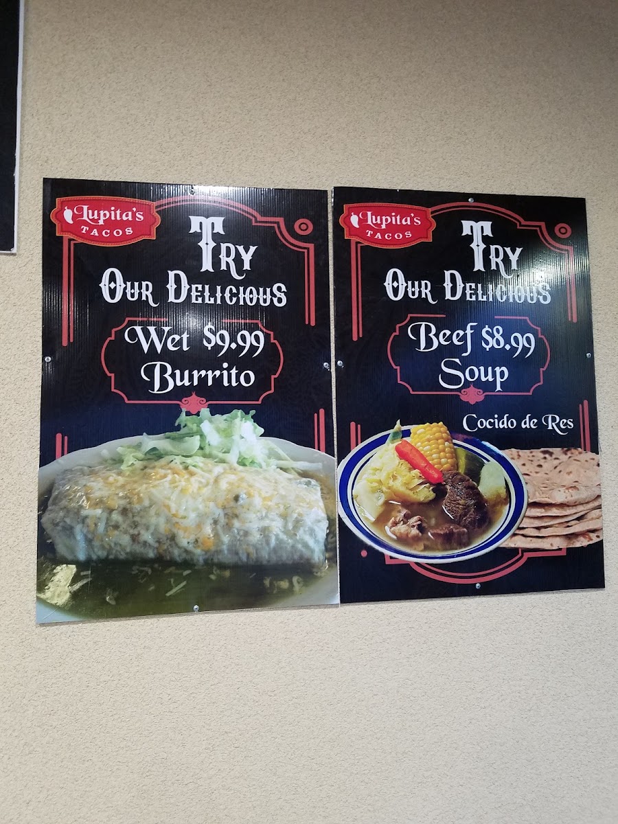 Lupita's Tacos menu board
